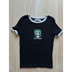 House Brand Womens Frogcore Tee XS‎ Black Kawai I Love Frogs Panda Y2K Top Fun